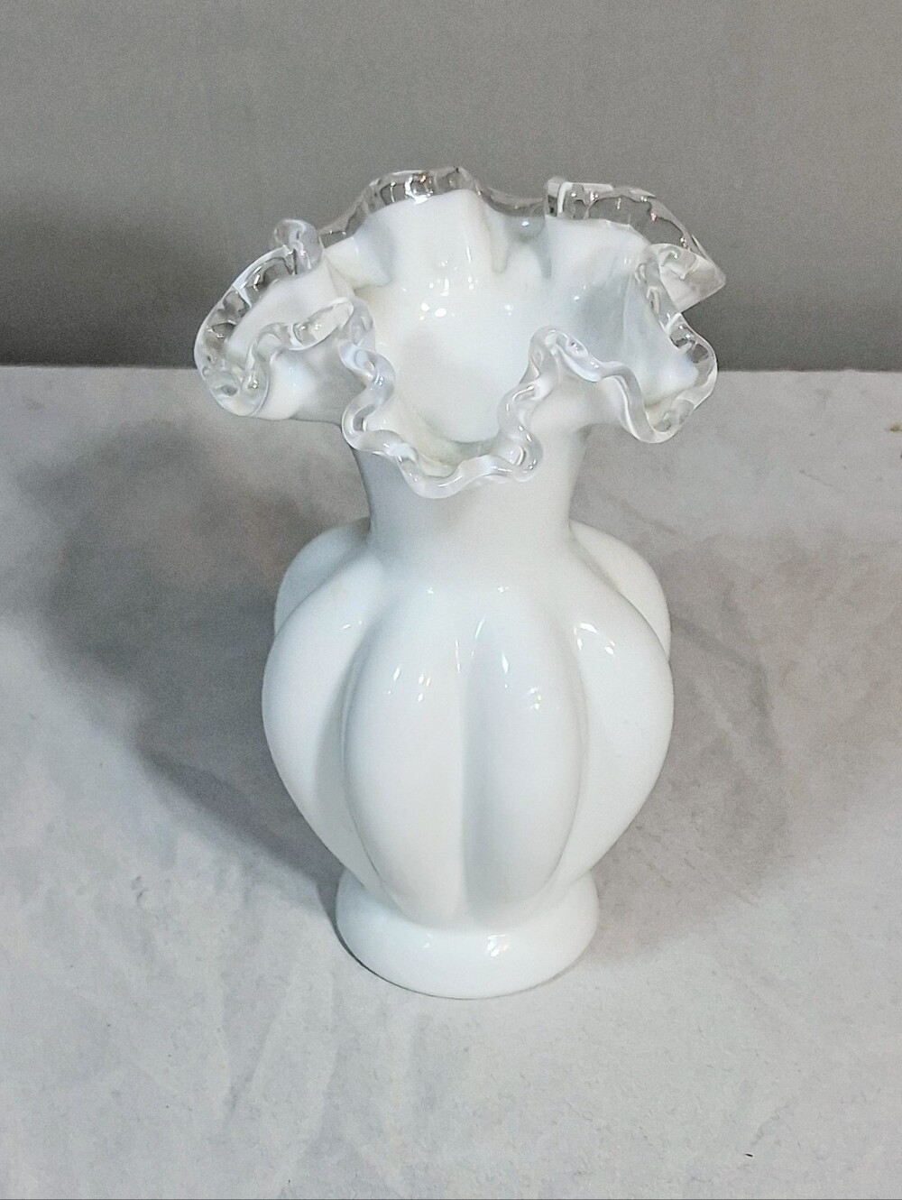 6" Vintage Fenton Melon Body White Milk Glass w/ Clear Ruffled Rim